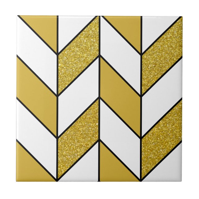 Modern Gold Glitter Herringbone Chevron Pattern v2 Tile (Front)