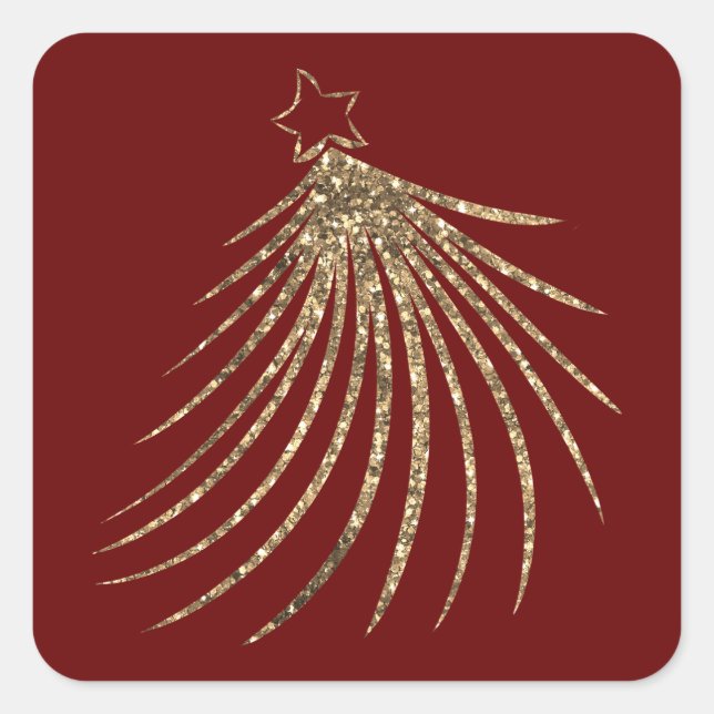 Modern Gold Glitter Holiday Christmas Tree Red Square Sticker (Front)