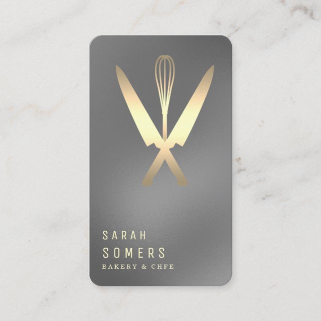 Modern Gold Glitter Knife & Whisk Bakery Business Card (Front)