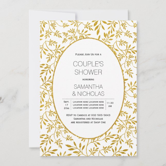 Modern gold glitter leaves wedding couple's shower invitation (Front)