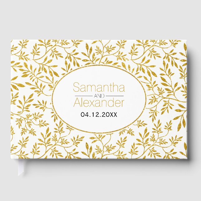 Modern gold glitter leaves wedding guest book (Front)