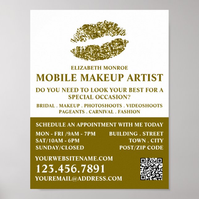 Modern Gold Glitter Lips, Makeup Artist Advert Poster (Front)