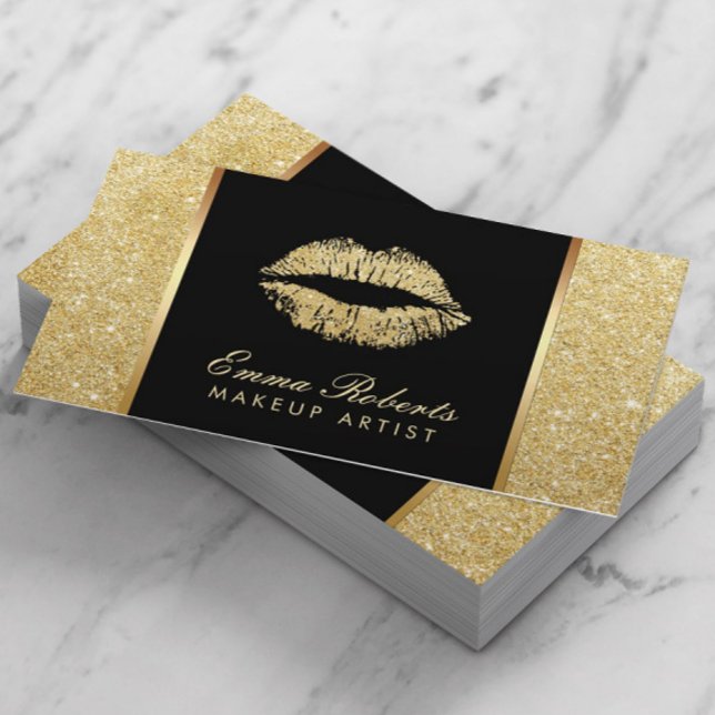 Modern Gold Glitter Lips Makeup Artist Business Card (Creator Uploaded)