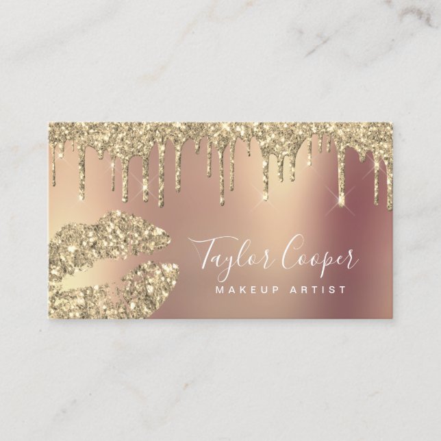 Modern gold glitter lips makeup artist  business card (Front)
