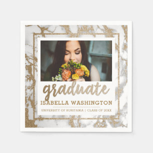 Modern Gold Glitter & Marble Photo Graduate Napkin