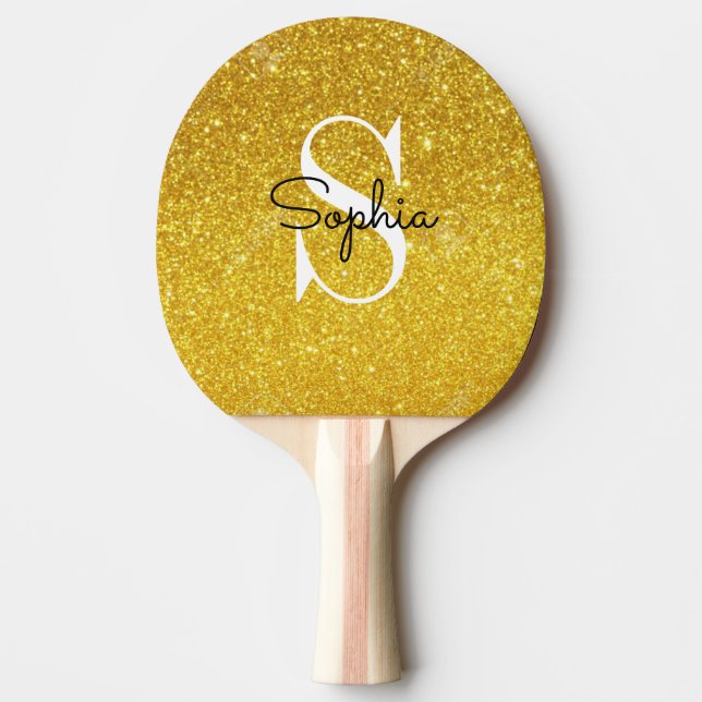 Modern Gold Glitter Monogram Personalized Name Ping Pong Paddle (Front)