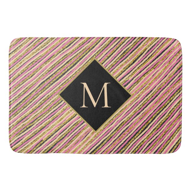 Modern Gold Glitter Monogram Stripes  Bath Mat (Front)
