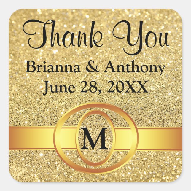 Modern Gold Glitter Monogram Thank You Wedding Square Sticker (Front)