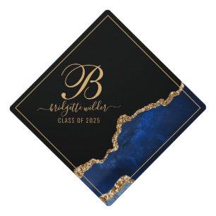 Modern Gold Glitter Navy Agate Monogram Script Graduation Cap Topper