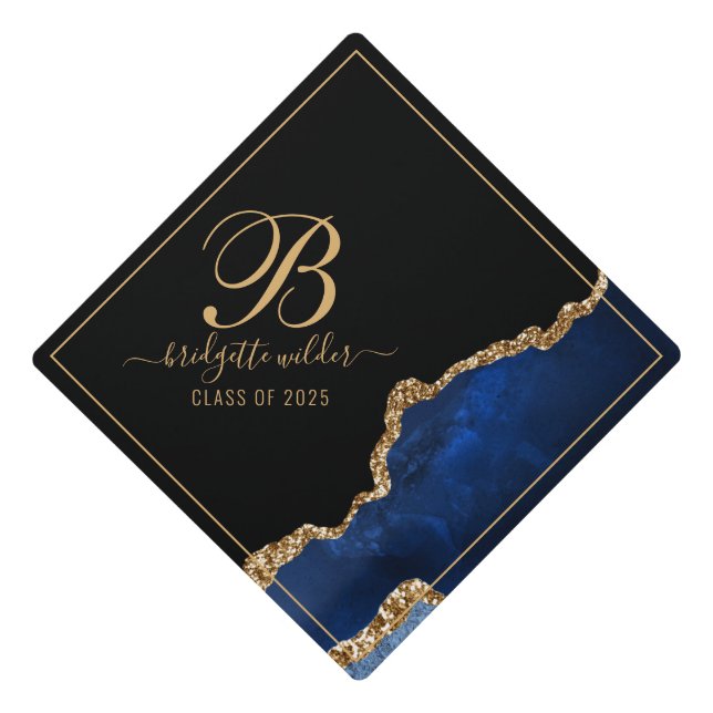 Modern Gold Glitter Navy Agate Monogram Script Graduation Cap Topper (Front)
