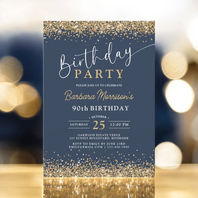 Modern Gold Glitter Navy Blue Birthday Any Age Invitation (Creator Uploaded)