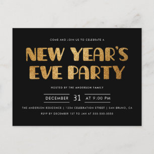 Modern Gold Glitter New Year's Eve Party Invitation Postcard