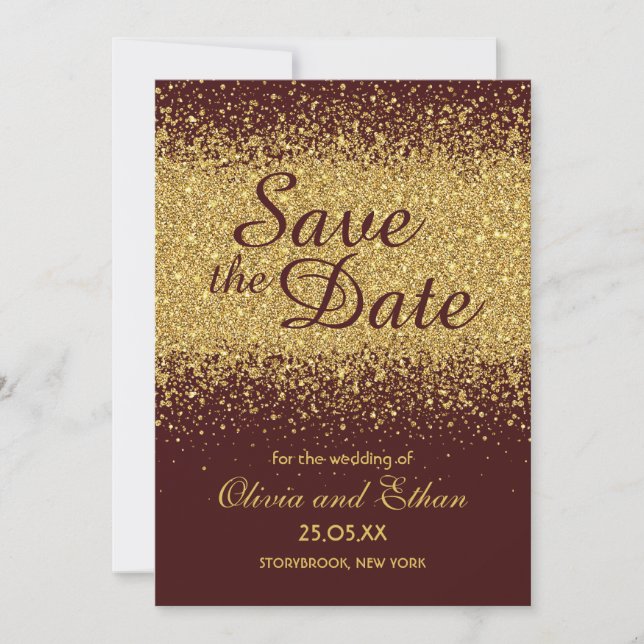 Modern Gold Glitter on Burgundy Save The Date (Front)