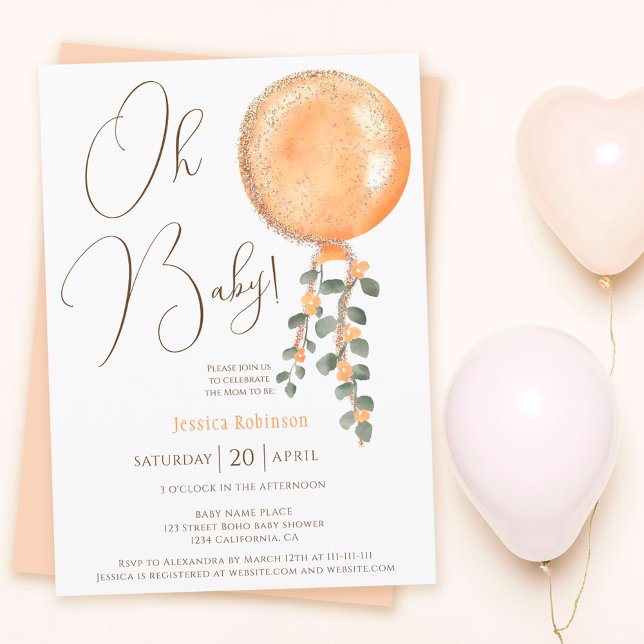 Modern gold glitter orange balloon Oh baby shower  Invitation (Creator Uploaded)