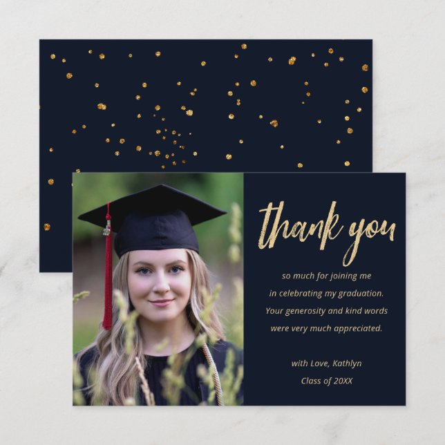 Modern Gold Glitter Personalized Photo Graduation  Thank You Card (Front/Back)