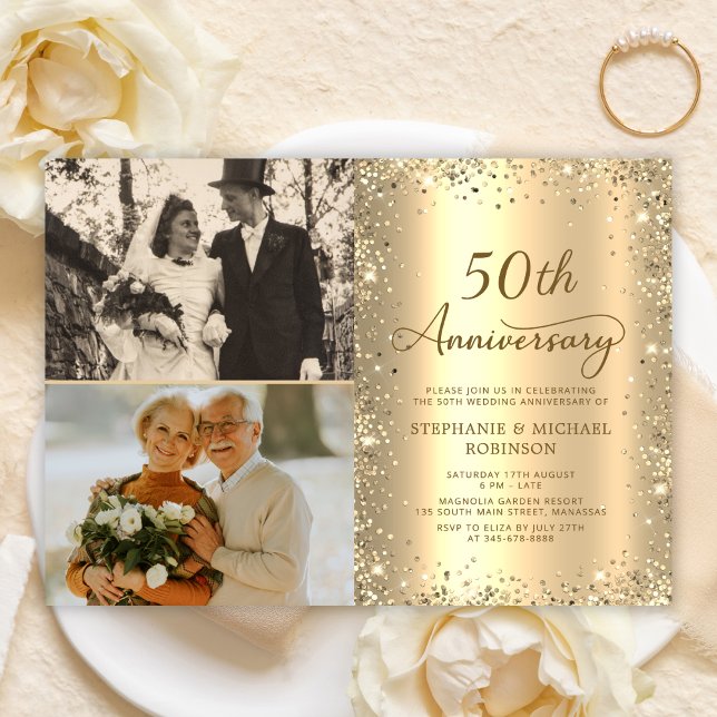 Modern Gold Glitter Photo 50th Wedding Anniversary Invitation (Creator Uploaded)