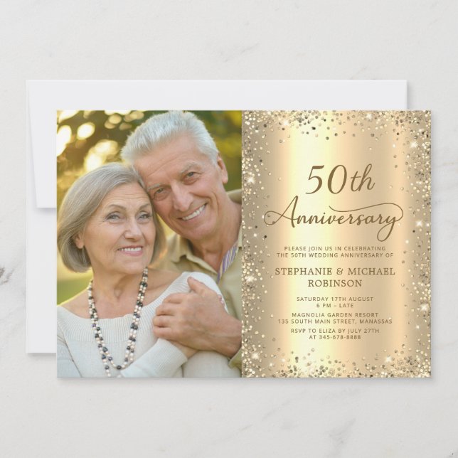 Modern Gold Glitter Photo 50th Wedding Anniversary Invitation (Front)