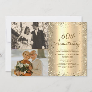 Modern Gold Glitter Photo 60th Wedding Anniversary Invitation
