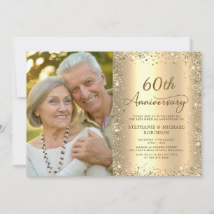 Modern Gold Glitter Photo 60th Wedding Anniversary Invitation