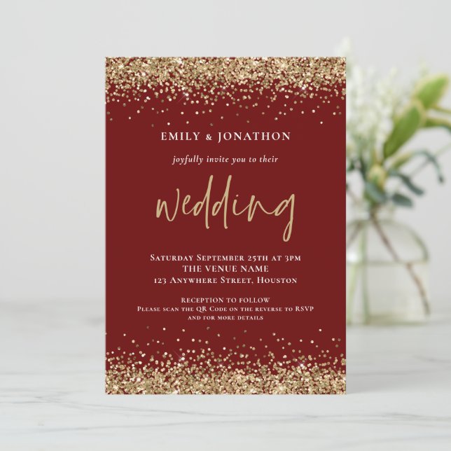 Modern Gold Glitter QR Code Wedding Burgundy Invitation (Standing Front)
