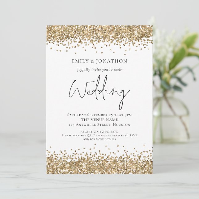Modern Gold Glitter QR Code Wedding Invitation (Standing Front)
