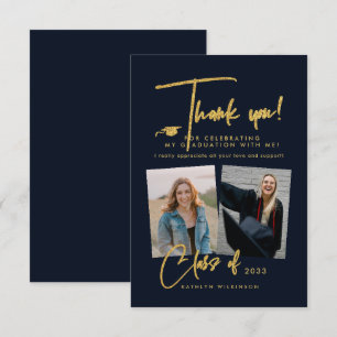 Modern Gold Glitter Script Blue Photo Graduation Thank You Card