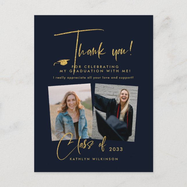Modern Gold Glitter Script Graduation Thank You Postcard (Front)