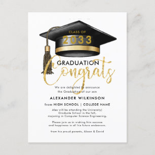 Modern Gold Glitter Script Minimalist GRAD Party Announcement Postcard