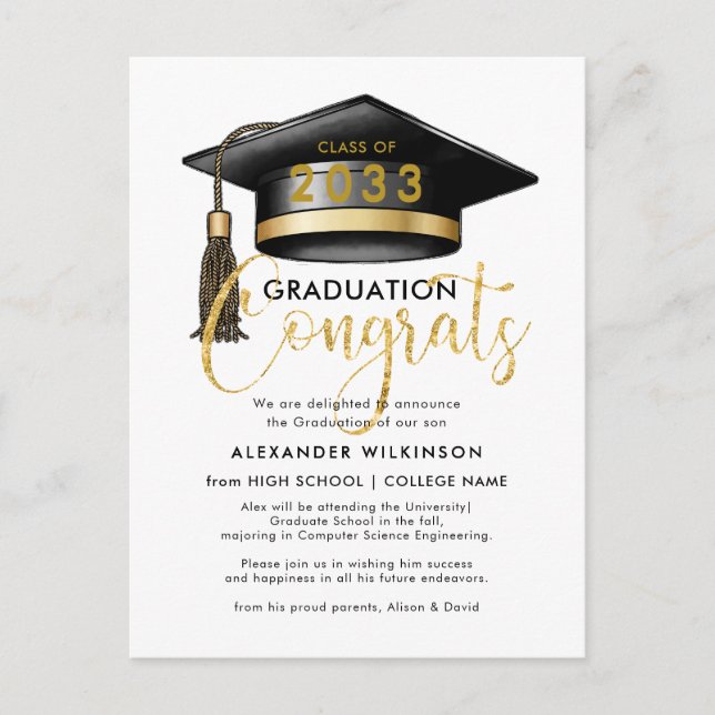Modern Gold Glitter Script Minimalist GRAD Party Announcement Postcard (Front)
