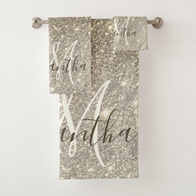 Modern Gold Glitter Sparkles Personalized Name Bath Towel Set (Insitu)