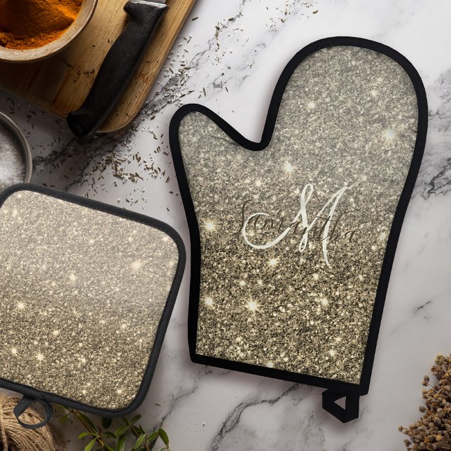 Modern Gold Glitter Sparkles Personalized Name Oven Mitt & Pot Holder Set (Creator Uploaded)