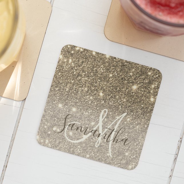Modern Gold Glitter Sparkles Personalized Name Square Paper Coaster (Creator Uploaded)