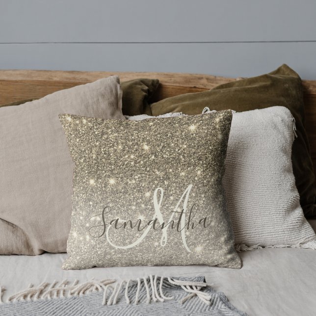 Modern Gold Glitter Sparkles Personalized Name Throw Pillow (Creator Uploaded)