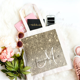 Modern Gold Glitter Sparkles Personalized Name Tote Bag