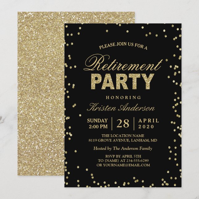 Modern Gold Glitter Sparkles Retirement Party Invitation (Front/Back)