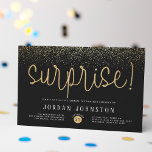 Modern Gold Glitter Surprise Birthday Party Invitation Postcard<br><div class="desc">Black and gold surprise party invitations for any age! A modern design with a classic black background, faux gold confetti, "surprise!" in gold glitter lettering, and stylish typography. Click on "Personalize this template" to change the wording. Scroll down to "Customize further" to format the style or placement of the text....</div>