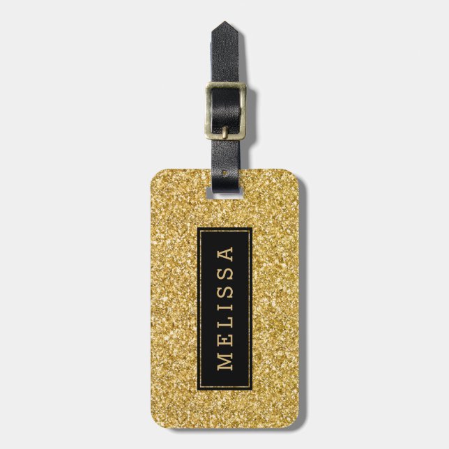 Modern Gold Glitter Texture Black Accent Luggage Tag (Front Vertical)