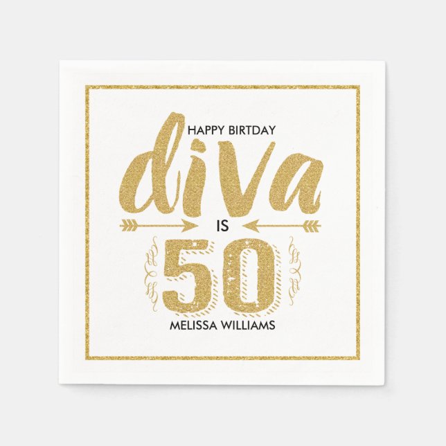 Modern Gold Glitter & White Diva Is 50 happy Napkin (Front)