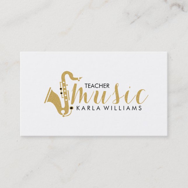 Modern  Gold Glitter & White Music Teacher Text Business Card (Front)