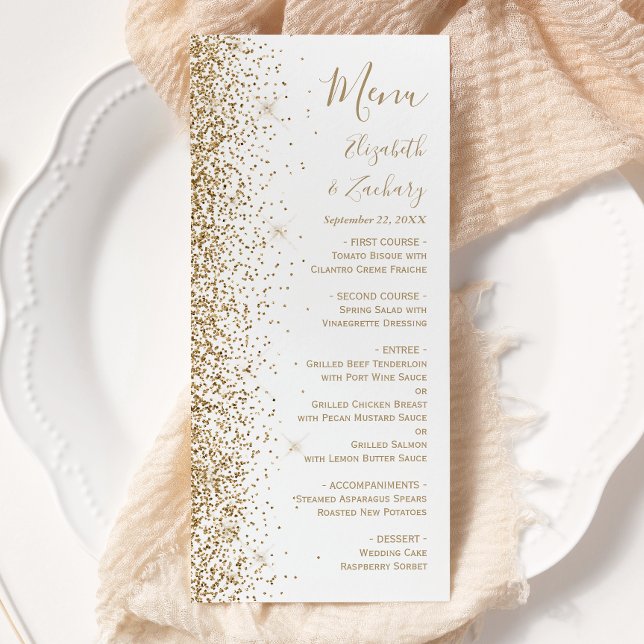 Modern Gold Glitter White Wedding Menu (Creator Uploaded)
