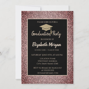 Modern Gold Grad Cap Rose Gold Glitter Invitation