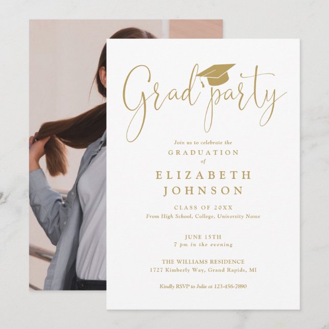 Modern Gold Grad Party Script Photo Graduation  Invitation (Front/Back)