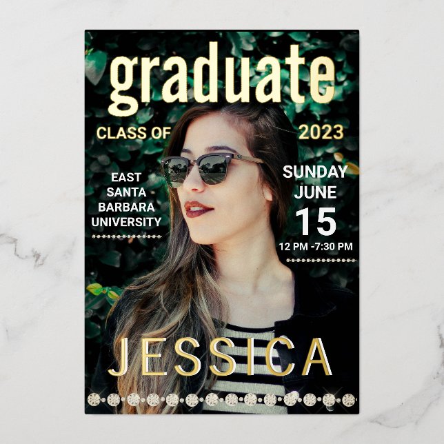 Modern Gold Graduate Magazine Cover Photo Party  Foil Holiday Card (Front)