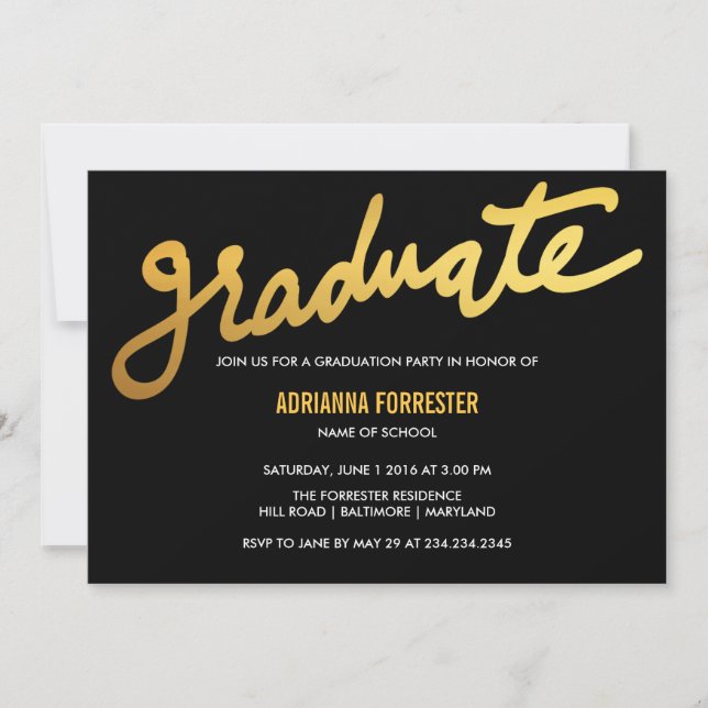 Modern Gold Graduate Typography Black Chevron Invitation (Front)