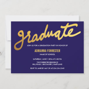Modern Gold Graduate Typography Navy Blue Chevron Invitation