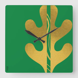Modern Gold Green Abstract Leaf Pattern Square Wall Clock