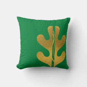 Modern Gold Green Abstract Leaf Pattern Throw Pillow
