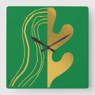 Modern Gold Green Abstract Leaf Square Wall Clock