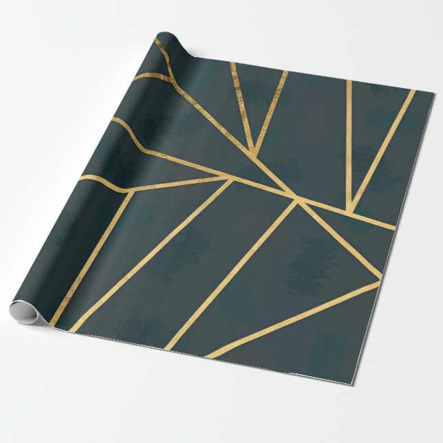 Modern Gold Green Brushstroke Geometric Wrapping Paper (Unrolled)