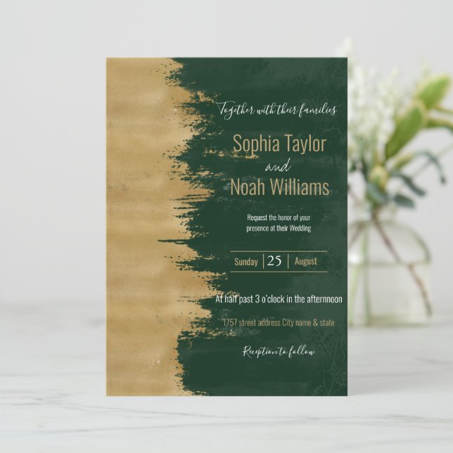 Modern Gold Green Brushstrokes Abstract Painting (Standing Front)